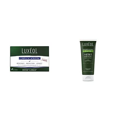 Luxéol - Complexe Kératine - Complément alimentaire - Cheveux et ongles - 90 gélules - 41g Beige/jaune & Shampooing Pousse - Force & Densité - Réactive La Croissance Des Cheveux Existants - 200ml