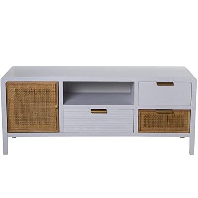 DRW TV-kast met 1 deur en 3 laden van MDF en rotan in wit en natuur 120 x 40 x 50 cm