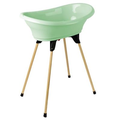 THERMOBABY - Kit Baignoire Bébé - Vasco - Baignoire, Pied En Bois & Tuyau De Vidange - Innovation Brevetée - Pliable & Stable - Peut Accueillir Un Transat De Bain - Fabriqué En France - Vert Céladon