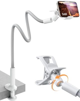 SAIJI Support de téléphone en col de Cygne, Bras Flexible pour lit avec Pince réglable à 360°, extérieur en Cuir amélioré, Support de téléphone Portable pour Tous Les écrans de 4,7 à 7" iPhone,