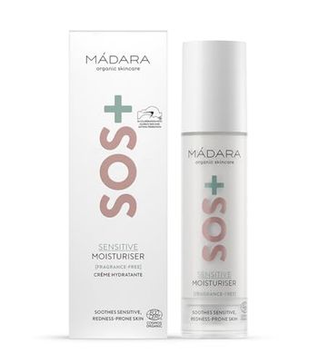 MÁDARA Organic Skincare | SOS+ SENSITIVE Moisturiser, 50ml – Lightweight sensitive skin moisturiser for redness-prone and reactive complexions, With hyaluronic acid and red algae, Fragrance-free