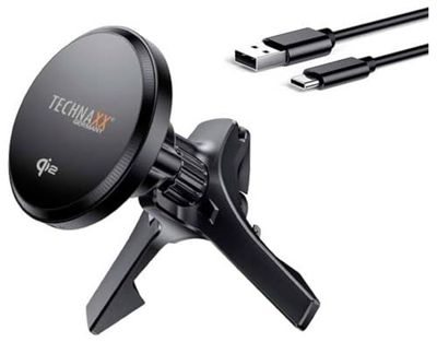 Technaxx Magnetische autolader 15W, Qi2 Car Mount Charger TX-323, Air Vent Telefoonhouder met metalen ring, USB-A naar USB-C-kabel - Snel draadloos opladen voor iPhone 12+ en Qi-compatibele telefoons