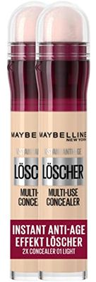 Maybelline New York - Penna di copertura in confezione doppia, correttore istantaneo anti-età, con micro applicatore, n. 01 Light, 2 x 6, 8 ml