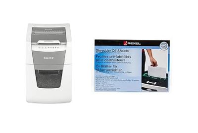 Leitz IQ 80110000 - Destructeur de Documents Coupe Croisée Sécurité P4 pour Bureau, Automatique, Capacité 100 Feuilles, Corbeille 34 litres, Blanc & Rexel 12 Feuilles prélubrifiées
