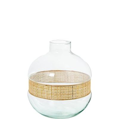 Vaso di vetro con vimini in trasparente e naturale 21x21x23 cm
