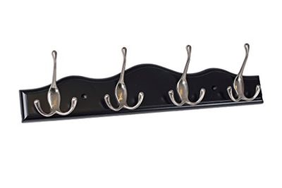 Merriway BH03326 Triple Hat and Coat x 4 Satin Nickel Hooks on Scalloped Black Rail, Multi-Colour