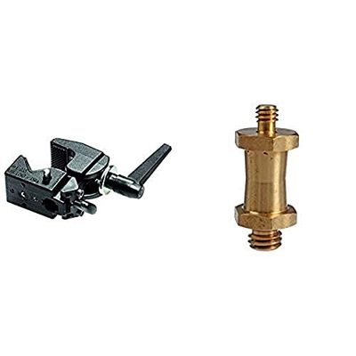 Manfrotto Superclamp 035 - Sistema de fijación para trípode, Negro + 037 Espigote Dorado para cámara con Rosca Doble de 1/4" y 3/8"