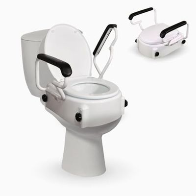 Mobiclinic®, Raised Toilet Seat with Removable Handles, 7 inch/19 cm, Adjustable in 3 Heights, with Lid, Folding Handles, Tajo, Adaptable, White