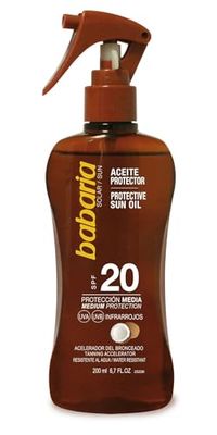 Babaria - Aceite Protector Solar SPF20 UVA-UVB e Infrarrojos en Formato Pistola, Acelerador del Bronceado, Hidratante, Contiene Aceite de Coco, Resistente al Agua, Vegano - 200 ml