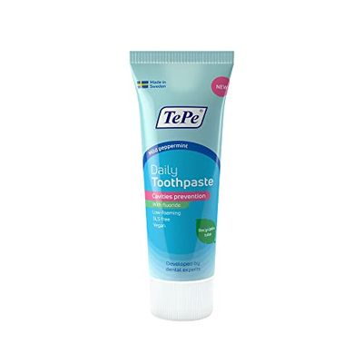 TePe Daily - Pasta de dientes suave con sabor a menta, pasta de dientes suave para uso diario y con contenido de flúor apropiado para la edad para prevenir la caries