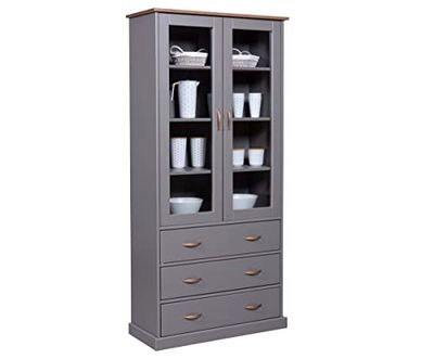 Inter Link - Armoire Vitrine et Buffet - Vaisselle - Salle à Manger - Style Campagnard - Bois Massif FSC - 2 Portes - 3 Tiroirs - Luzerna 10 - Gris