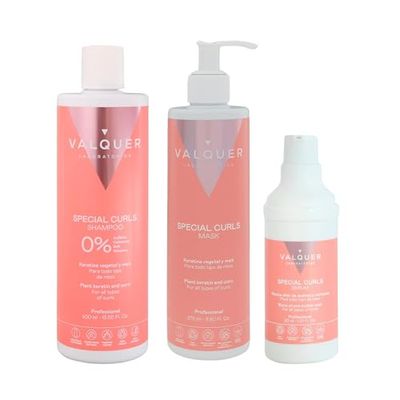 Valquer Special Pack Curls Shampoo 400 ml, Mask 275 ml and Serum 30 ml. Curly Hair Treatment Curly Method for Defined Curls. With Vegetable Keratin and Actives derived from Corn. Vegan.
