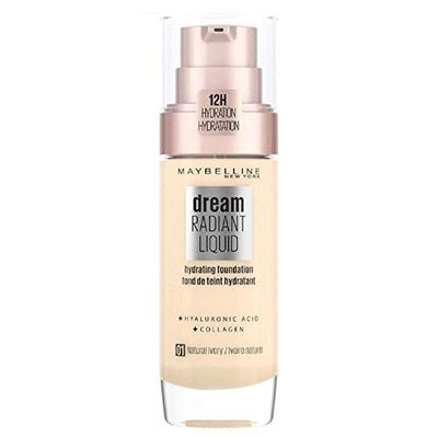 Maybelline New York Dream Radiant Liquid Tom 01 Natural Ivory, base de maquilhagem hidratante com ácido hialurónico e colageno, para peles de tom claro - 30 ml