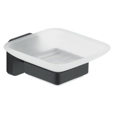 GEDY | Portasapone Tonga, Porta Saponetta in Acciaio Inox, Cromall e Vetro Satinato, Fissaggio con Viti Incluse o Biadesivo, Nero Matt, 10,5x11,6x5cm