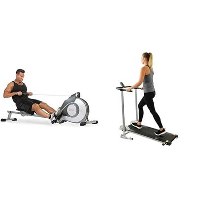 Sunny Health & Fitness Magnetic Rowing Machine, Extra Long Slide Rail, 8 Levels Resistance + Foldable Manual Treadmill, Non-Electric Incline Exercise, Walking Tread Pad, w/Digital Monitor
