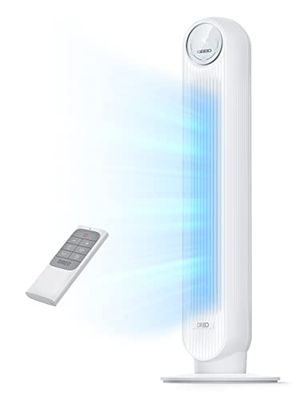 Dreo Nomad One stille torenventilator, 28 dB, snelheid 7,3 m/s, 4 snelheden, 4 modi, 8 uur, timer, 90 graden oscillerende ventilator met koeling, afstandsbediening, voor slaapkamer, wit