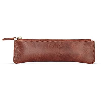 LONDO Genuine Leather Pen Case with Zipper Closure, Pencil Pouch Stationery Bag (Brown v2)