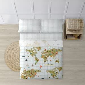 BELUM Parure de lit avec taie d'oreiller et Drap-Housse 100% Coton Motif Carte du Monde Beige pour lit de 180 (260 x 270) (240 x 270) 175 x 270 cm