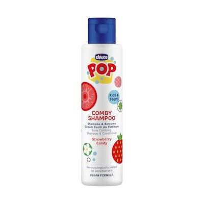 Chicco POP Champú y Acondicionador Strawberry Candy, Champú y Acondicionador, Aroma Fresa, Shampoo Suave para Bebés, Sin Lágrimas, Fórmula Vegana, 250 ml