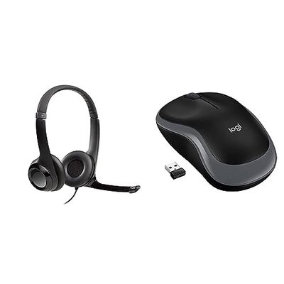 Logitech H390 Wired Headset, Stereo Headphones with Noise-Cancelling Microphone - Black & M185 Wireless Mouse, 2.4GHz with USB Mini Receiver, 12-Month Battery Life - Grey
