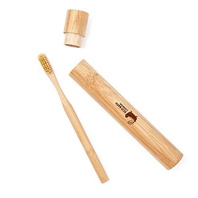 Eco Bath London Bamboo Toothbrush in Bamboo Tube Travel Case - Eco-Friendly, Natural Biodegradable Toothbrush with Soft Bristles