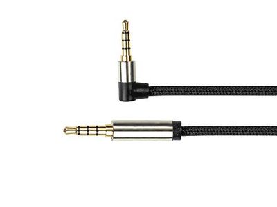 PYTHON Series PREMIUM Audio AUX 3,5 mm jack kabel 4-polig - 1m - volledig metalen stekker met 2mm trede voor beschermhoezen aan beide zijden - eenzijdig gehoekt - KOPERLEIDER - Textiel vlechtwerk