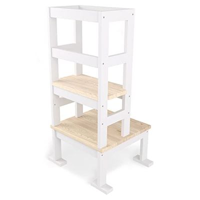 Sämann Torre de Cocina para niños – Altura Regulable 3 en 1 – Taburete Montessori de Madera – ayudante de Cocina – Silla de Aprendizaje – Blanco clásico, 92 x 45 cm | Basic