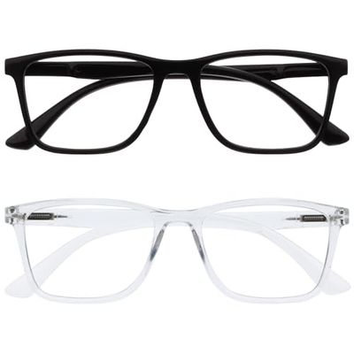 OPULIZE NYX Blue Light Blocking Reading Glasses - Anti-Glare Computer and Gaming Eyewear - 2 Pack - UV and Eyestrain Protection - Rectangular Frame - Black Clear - Men Women - + 0.00