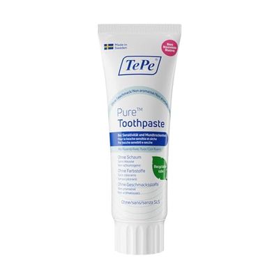 TePe Pure, dentifrice non aromatisé, dentifrice quotidien au fluor très doux pour les gencives très sensibles et la bouche sèche, niveau de fluor approprié à l'âge.