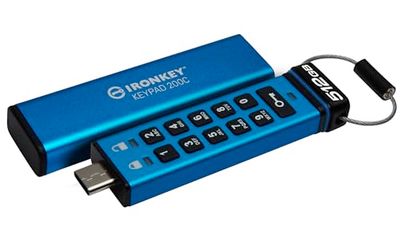 Kingston IronKey Keypad 200C 512GB Clé USB Chiffrée | Clavier Alphanumérique | Accès Multi-Pin | XTS-AES 256-bit | FIPS 140-3 Niveau 3 Certifié (En Attente) | IKKP200C/512GB, Bleu