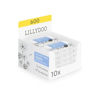LILLYDOO Chusteczki nawilżające, 99% wody, 10 opakowań po 60 sztuk (600 chusteczek), w 100% wolne od plastiku, bez substancji zapachowych i delikatnych jak woda i bawełna