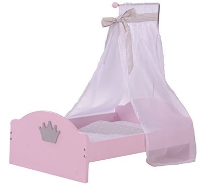 roba Lit de Poupée en Bois Princess Sophie - Inclus Textile - Couverture + Oreiller + Ciel de Lit et Support - Rose / Gris