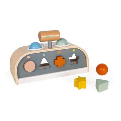 Janod - Tap Tap Sweet Cocoon - Juguete de madera 3 en 1, Tap Tap, caja de figuras y formas - Certificado FSC - A partir de 1 año, J04409
