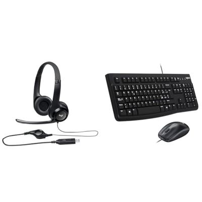 Logitech H390 Cuffie Cablate, Cuffia Stereo con Microfono Regolabile con Cancellazione del ‎‎Rumore & MK120 Combo Tastiera e Mouse con Filo per Windows, Mouse Ottico Cablato