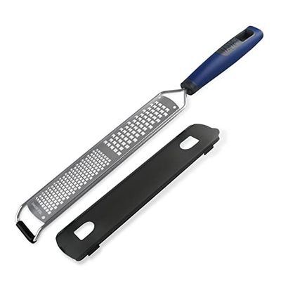 Tasty Everyday Hand Grater with Fine & Coarse Surface, Hand Cheese Grater & Lemon Zester with Non-Slip Base & Stainless Steel Grating Surfaces, Colours: Dark Blue, Grey & Stainless Steel
