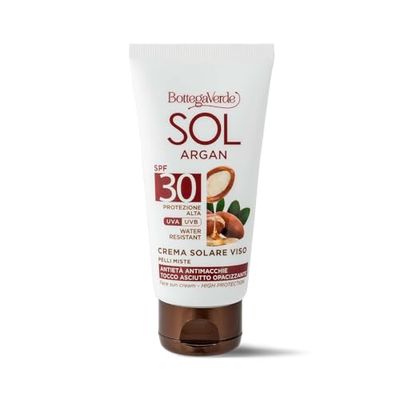 Bottega Verde - SOL Argan - krem przeciwsłoneczny do twarzy - przeciwstarzeniowy - matowy suchy dotyk - z olejkiem arganowym i witaminą E - SPF30 - wysoka ochrona (50 ml) - wodoodporna - skóra