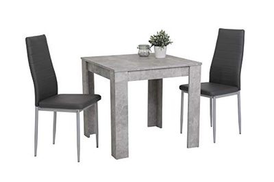 Hela Duo Juego de Comedor de 3 Piezas, Mesa Cuadrada de Madera procesada con Recubrimiento de melamina y Efecto hormigón, 2 sillas de Comedor Grises con Patas metálicas Grises