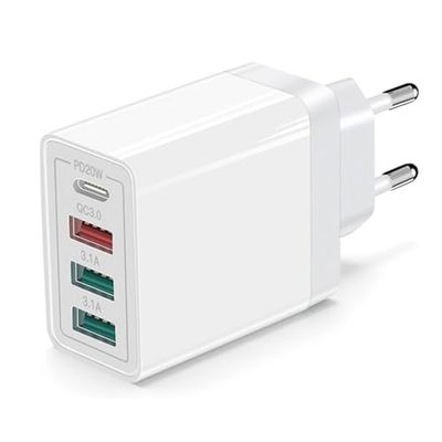 Cargador USB C de 36W con 3 puertos USB y 1 USB Tipo C. Carga rápida compatible con iPhone 15, 14, 13, 12, 11 Pro MAX, SE 2020, XS, X, 8, 7, 6, 6S Plus. Adaptador de corriente.