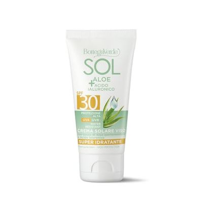 Bottega Verde - SOL Aloe e Acido Ialuronico, Crema Solare Viso, 50 ml, SPF 30, Protettiva e Idratante, Arricchita con Succo di Aloe Iperfermentato e Acido Ialuronico, per Tutti i Tipi di Pelle