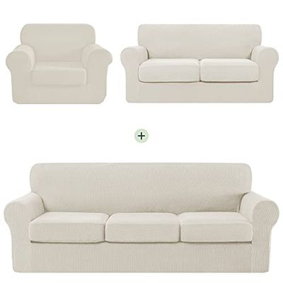 CHUN YI Lot de Housses de canapé Extensibles pour canapé, Causeuse et Fauteuil, Housse de canapé avec Coussins séparés pour 1, 2 ou 3 Places (Blanc Ivoire/crème, Housses pour canapé, Causeuse et