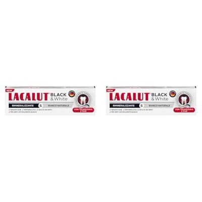 LACALUT dentifricio sbiancante Black & White. Sbiancante Denti Professionale. Remineralizza lo smaltodei denti Dentifricio Sbiancante Professionale Carbone Attivo. 75ml (Confezione da 2)