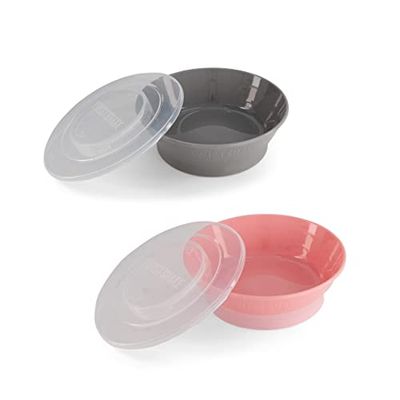 Twistshake 2 ciotole per neonati con coperchio ermetico, senza BPA, per bambini, ciotola per cereali, colore: grigio rosa