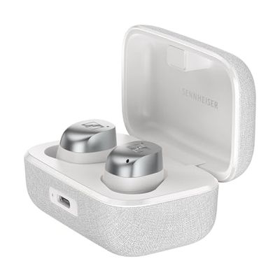 Sennheiser MOMENTUM True Wireless 4 (Nieuw 2024) Smart Earbuds met Bluetooth 5.4, kristalhelder geluid, comfortabel ontwerp, accuduur van 30 uur en adaptieve ANC - Wit zilver