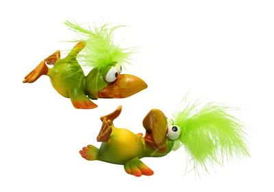 Dekohelden24 Lot de 2 Figurines d'oiseau couché avec Plume sur la tête en polyrésine Taille env. 8 cm
