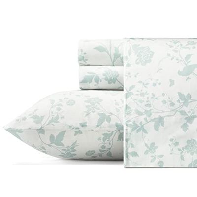 Laura Ashley Lençóis conjunto de cama de algodão de cetim, elegante, macio e respirável para decoração de casa, Garden Palace azul/branco, casal duplo