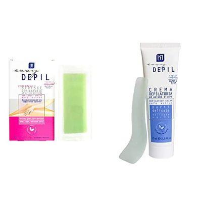 Easy Depil - Strisce Depilatorie Braccia, Gambe, Parti Intime, Ascelle e Zona Bikini - 20 Strisce & Crema Depilatoria per Parti Delicate, Ascelle, Inguine, Zona Bikini - 75 ml