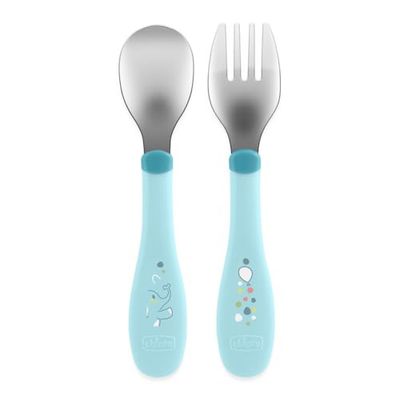 Chicco Stainless Steel Cutlery Kids Cutlery Set Porridge Fork and Spoon for Children, Stainless Steel, Easy to Port, First Food Weaning Set, 2 Pieces, 18M+, Light Blue