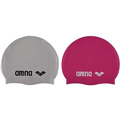 Arena Classic Silicone Swimming Cap - Silver/Black & Classic Silicone JR Bonnet de Piscine Mixte Enfant, Fuchsia/Blanc, Taille Unique