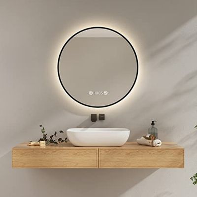 EMKE Miroir de Salle de Bain Rond avec eclairage, Diamètre 70 cm, Miroir de Salle de Bain Cadre Noire avec Interrupteur Tactile, Anti-buée, Horloge, Température, Dimmable, Éclairage Neutre