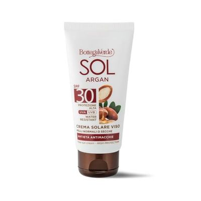 Bottega Verde - SOL Argan - Crema solare viso - antietà antimacchie - con olio di Argan e Vitamina E - SPF30 protezione alta (50 ml) - water resistant - pelli normali o secche